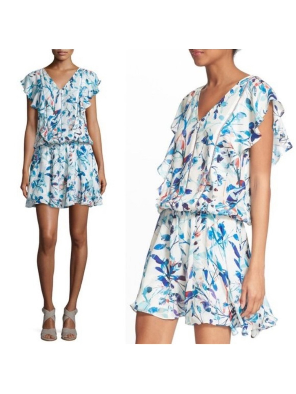 Parker White Dress with Blue and Coral Floral Print